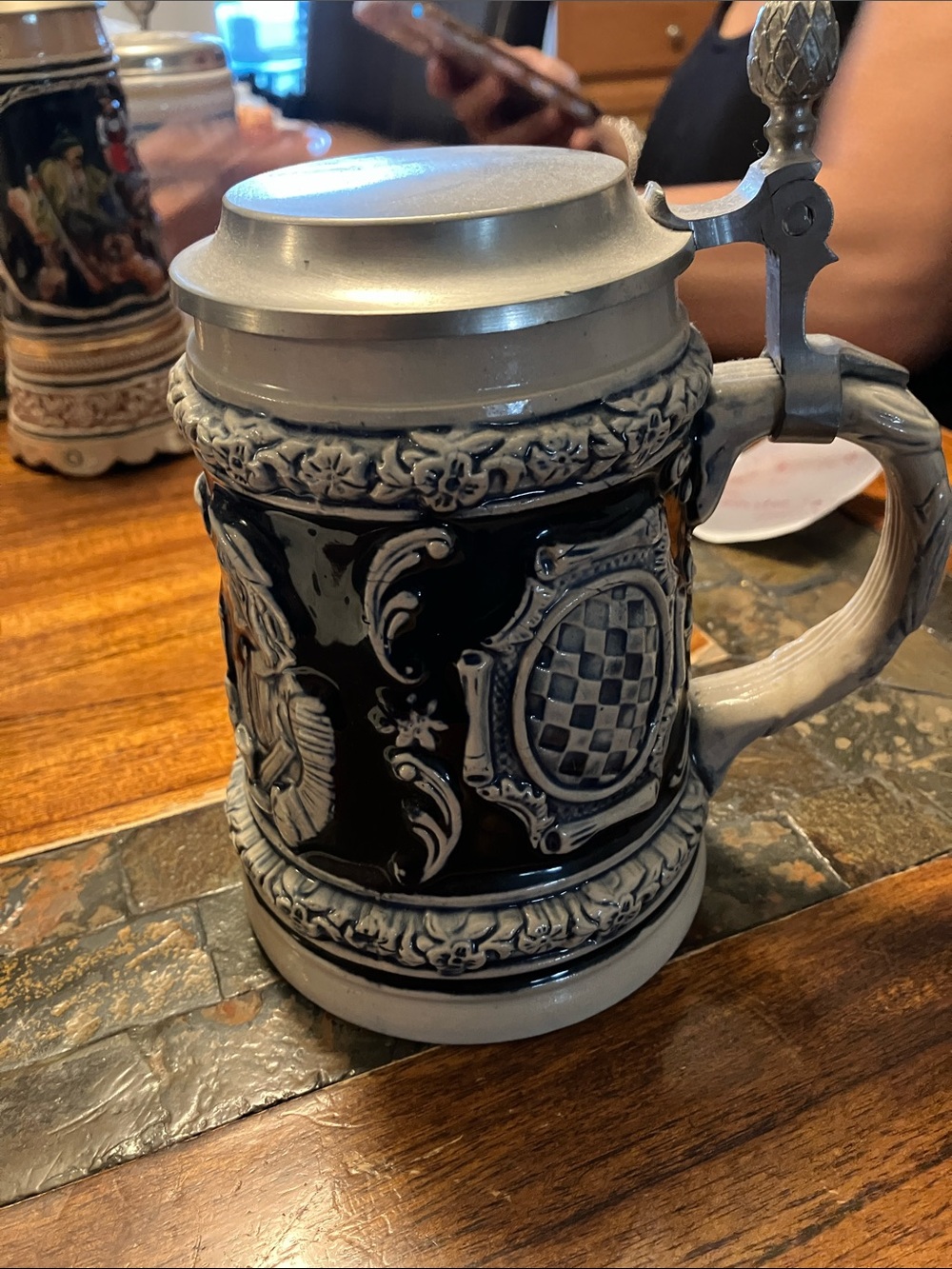 Ceramic Stein Beer Mug with Pewter Lid - Blue and White